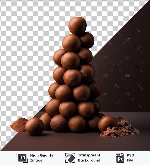 PSD imagem psd transparente torre tentadora de trufas de chocolate em uma mesa contra uma parede preta