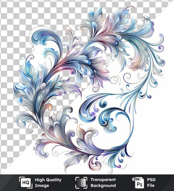 PSD imagem psd transparente vetor abstrato símbolo filigrana ornamentado flores prateadas e azuis em um fundo isolado