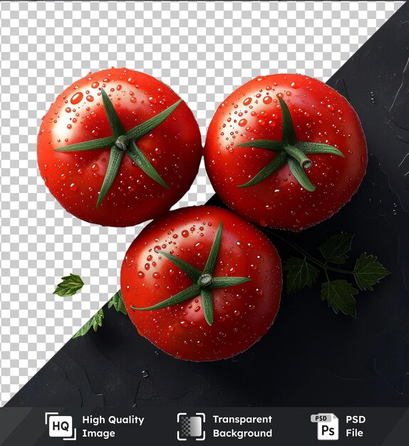 PSD imagem psd três tomates frescos maquete vista superior em um fundo preto