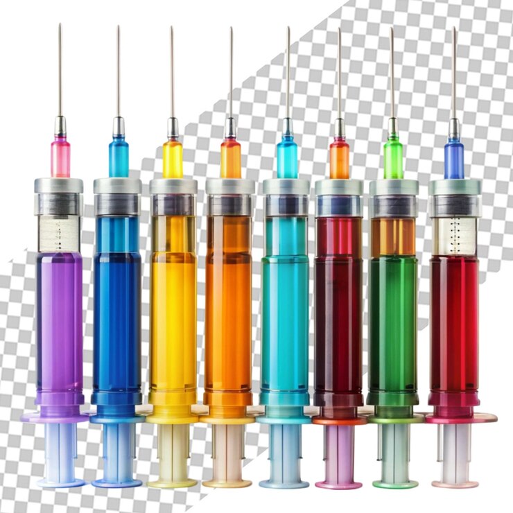 PSD imagem real de vacinas com ampolas e seringas em fundo branco