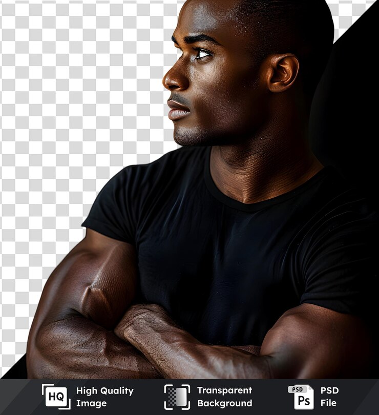 PSD imagem transparente de alta qualidade de um homem com os braços cruzados vestindo uma camiseta preta posando pensativamente