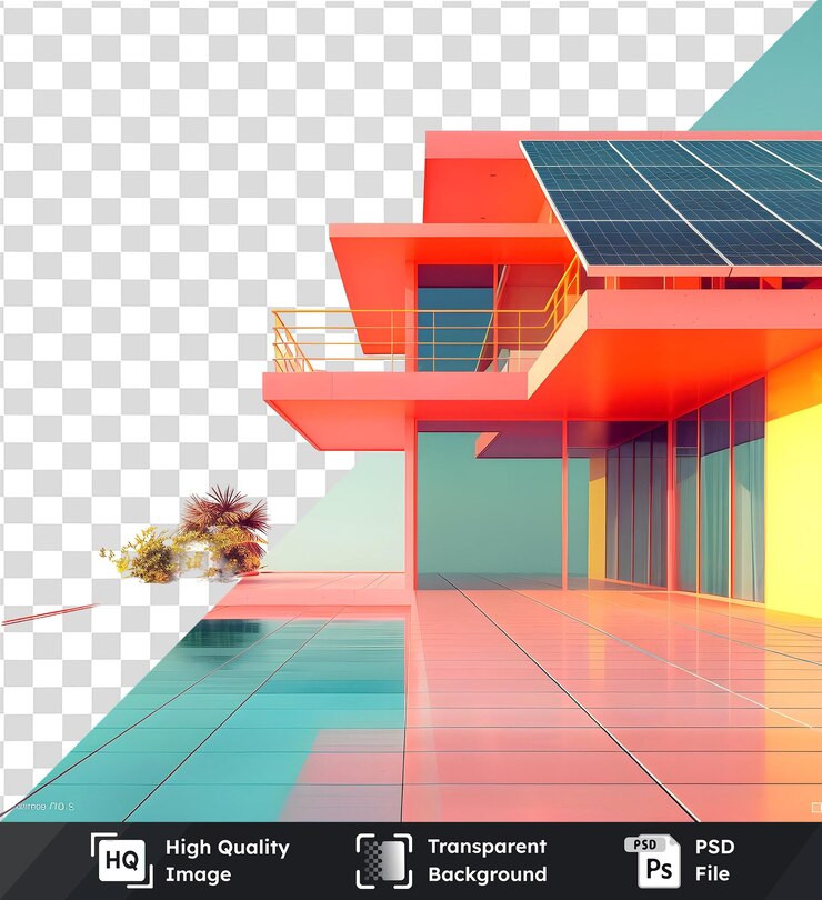 PSD imagem transparente de alta qualidade de uma casa moderna de coral vibrante com uma impressionante piscina infinita e
