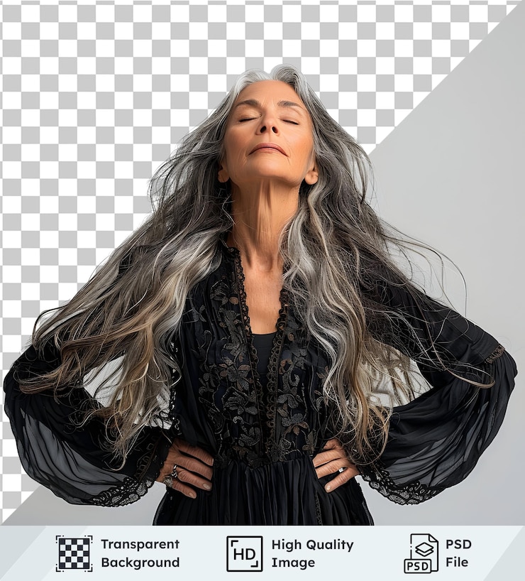 PSD imagem transparente de alta qualidade de uma mulher com cabelos grisalhos longos em pose serena e graciosa em um preto