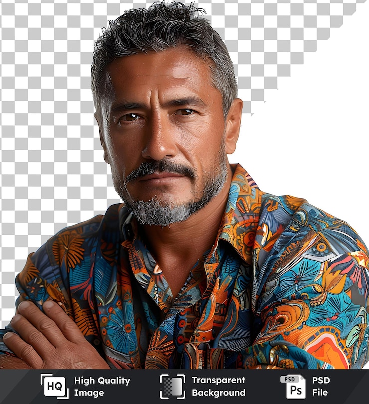 PSD imagem transparente de homem vestindo uma camisa colorida com um padrão sorrindo com os braços cruzados e lo