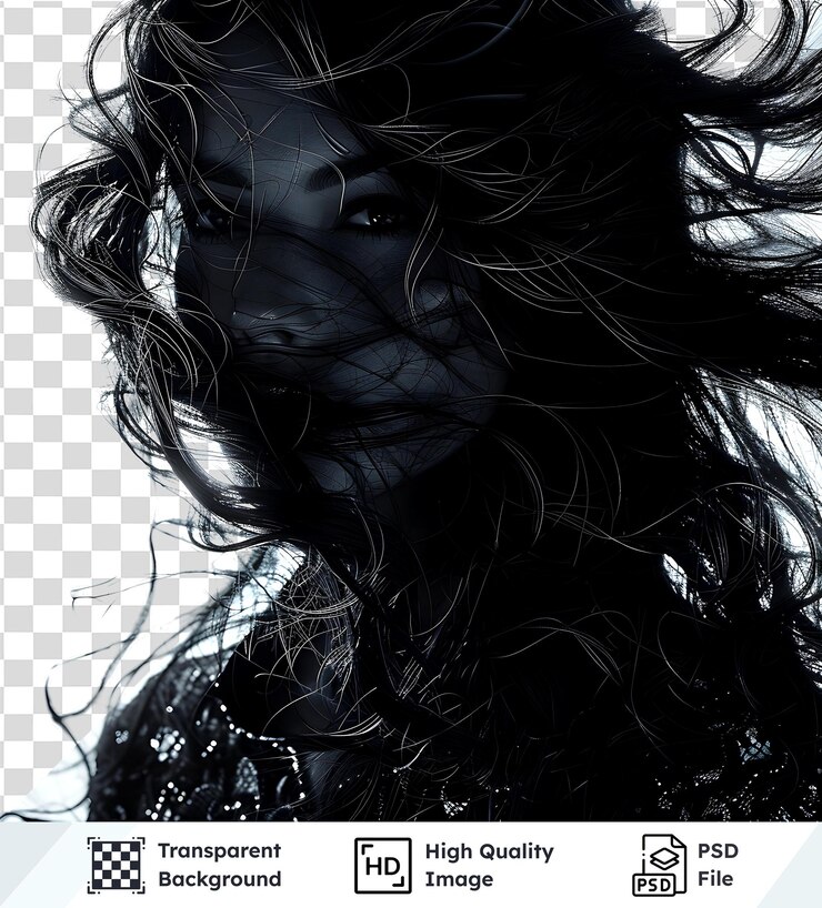 PSD imagem transparente de mulher com cabelos pretos longos e ondulados fluindo no vento