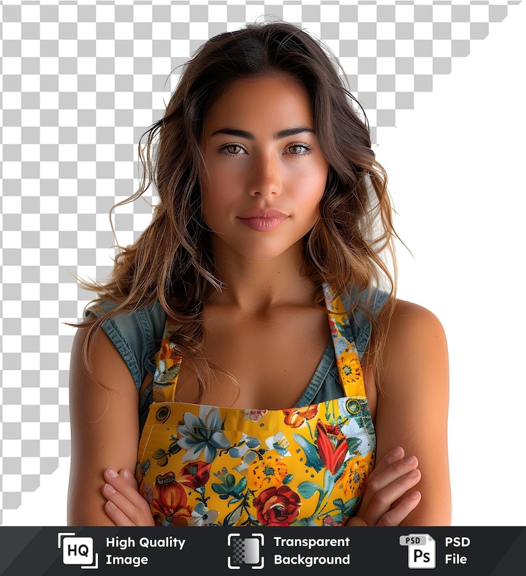 PSD imagem transparente de mulher vestindo avental floral posando com os braços cruzados contra um fundo branco
