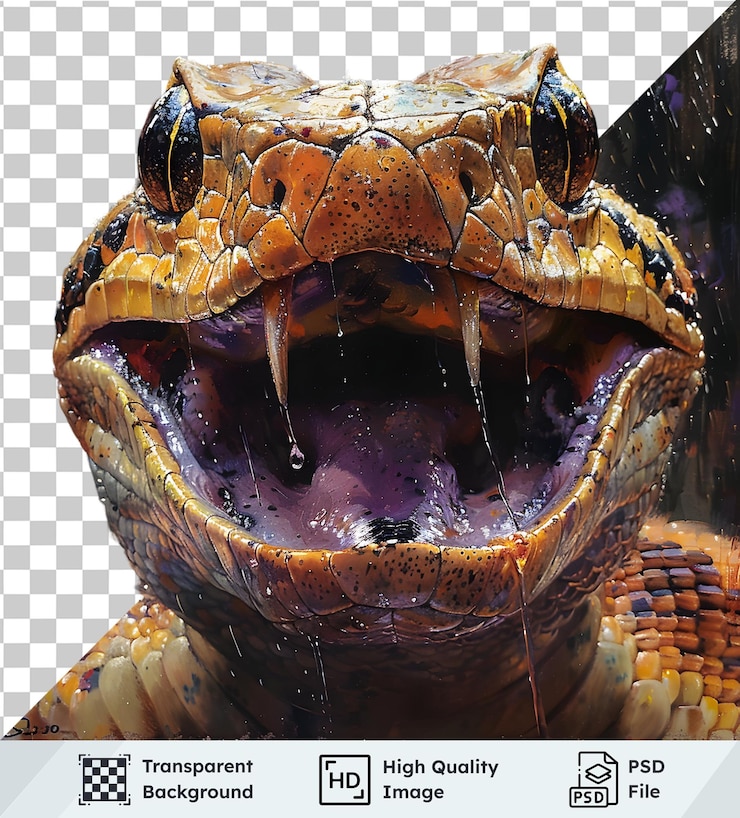 PSD imagem transparente de uma cabeça de cobra mostrando sua boca aberta com dentes visíveis sob a chuva a de