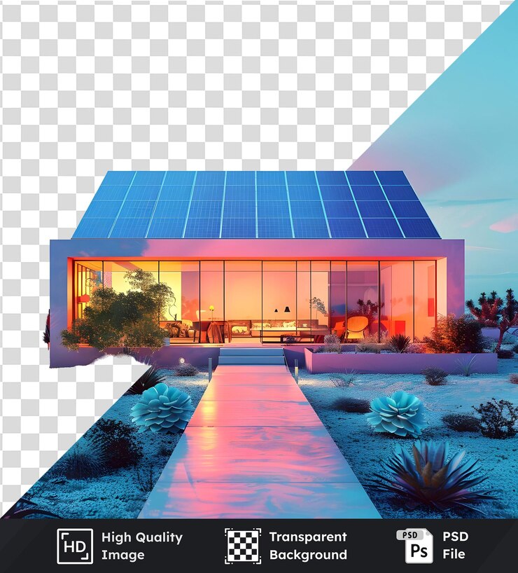 PSD imagem transparente de uma casa moderna com painéis solares ao pôr-do-sol