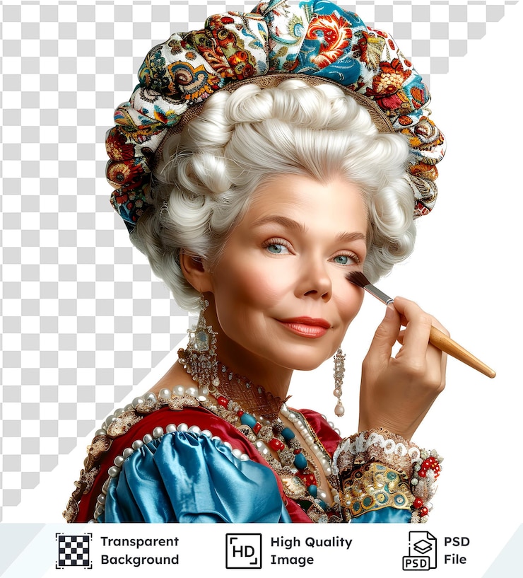 PSD imagem transparente de uma mulher aplicando maquiagem em um traje histórico com um magnífico chapéu