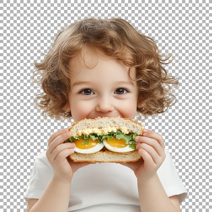 PSD imagem transparente ou png de criança desfrutando de um lanche saudável de ovo e pão
