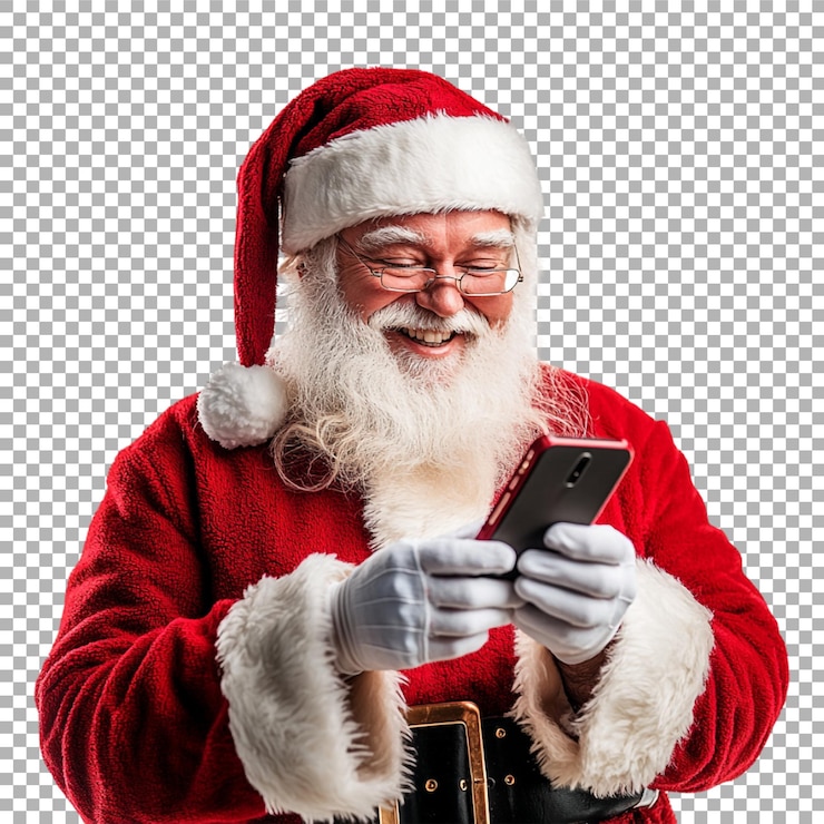 PSD imagem transparente ou png de papai noel usando smartphone