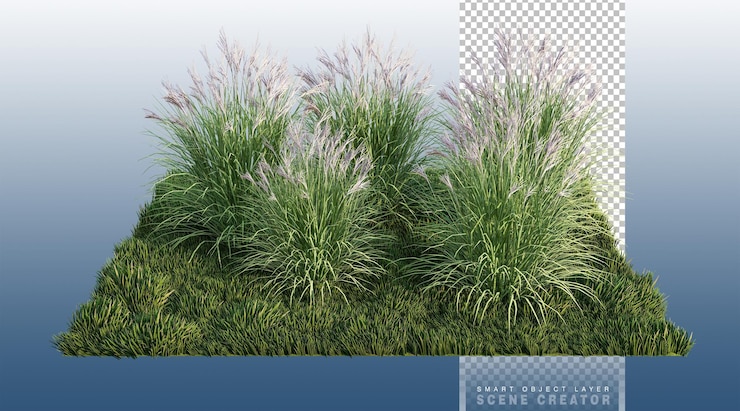 PSD una imagen en 3d de una gran cantidad de flores de hierba en un campo de hierba verde
