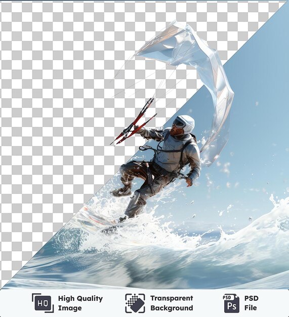 Imagen en 3d de un kitesurfista montando en las olas