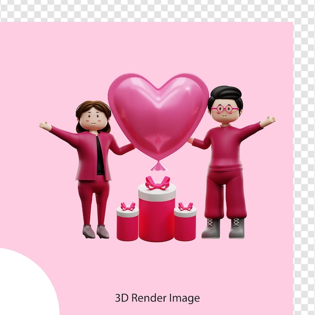 PSD una imagen en 3d de una pareja con un globo en forma de corazón