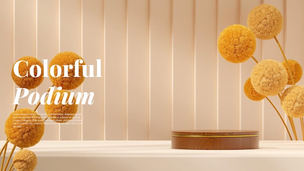 Imagen 3d render maqueta en blanco podio de madera redonda en paisaje flor de mimosa amarilla