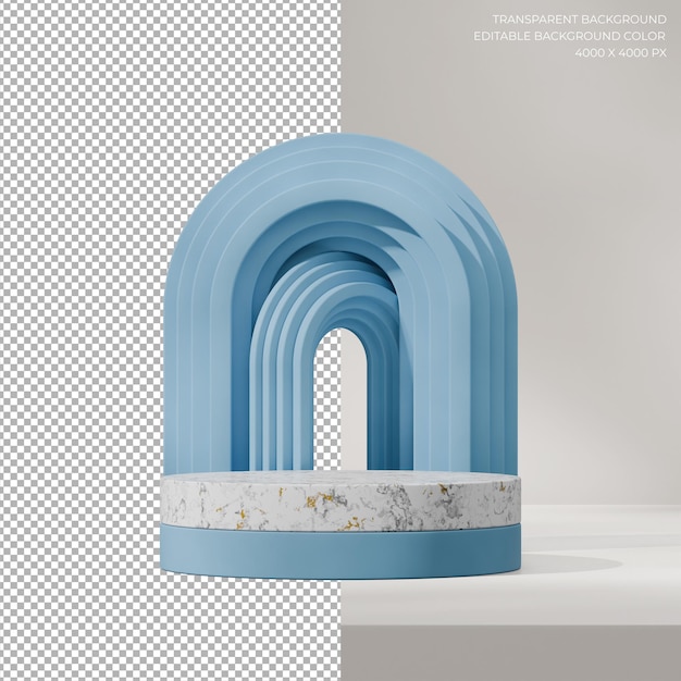 Imagen 3D renderizar fondo transparente de podio de mármol blanco en cuadrado con fondo de arco azul