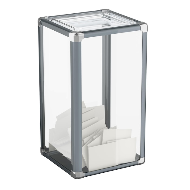 Imagen 3D de una urna electoral transparente aislada sobre un fondo transparente