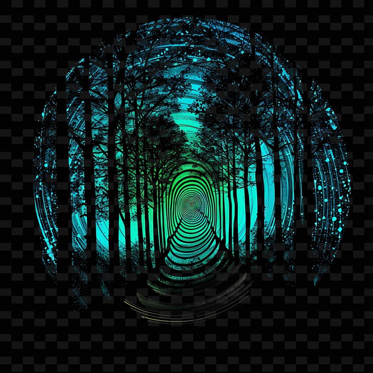 PSD una imagen abstracta azul y verde de un bosque con una luz azul en la parte inferior