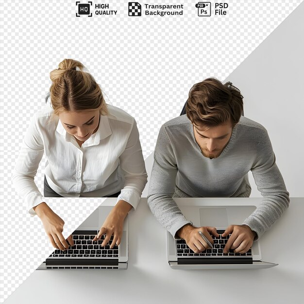 Imagen aislada de dos colegas trabajando diligentemente en portátiles en un escritorio No activo libre HighQuali