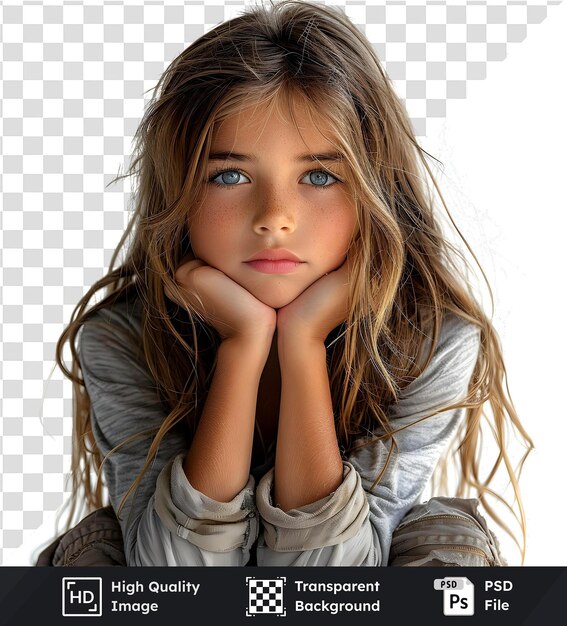 Imagen aislada de una joven de cabello largo con camisa gris y mirando directamente a la cámara