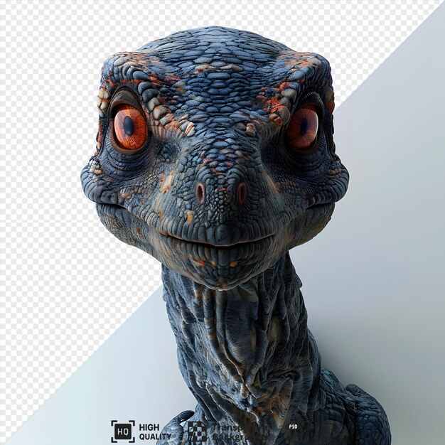 Imagen aislada de un pequeño dinosaurio con ojos naranjas mirando a la cámara con una sonrisa no libre como