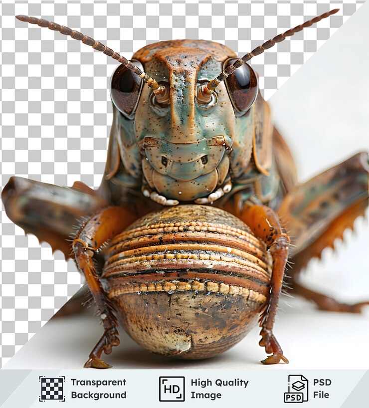 PSD imagen aislada de un saltamontes encaramado en una bola contra un fondo blanco vista detallada de primer plano de