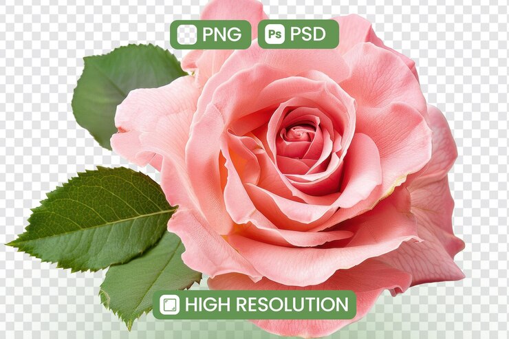 PSD imagen de alta resolución de rosa transparente con hojas verdes