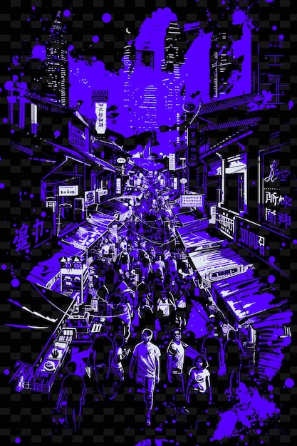PSD una imagen azul y negra de una calle ocupada con personas caminando frente a un letrero que dice café