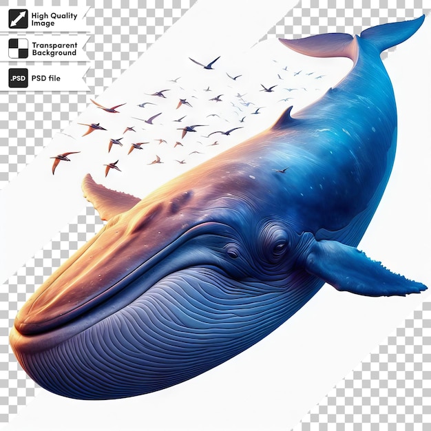 PSD una imagen de una ballena azul con un grupo de pájaros volando a su alrededor
