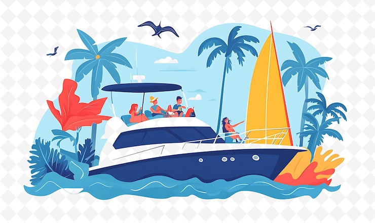 PSD una imagen de un barco con una palmera y un velero con palmeras en el fondo