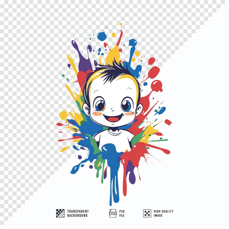 PSD imagen de un bebé blanco lindo con manchas de colores de fondo de fondo transparente