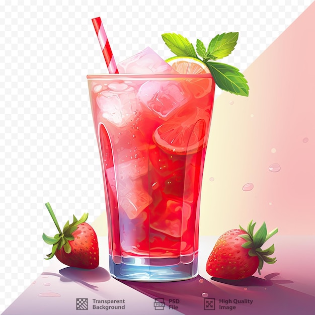 PSD una imagen de una bebida y fresas sobre un fondo blanco.