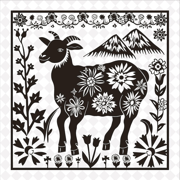 PSD una imagen en blanco y negro de una cabra con una montaña en el fondo