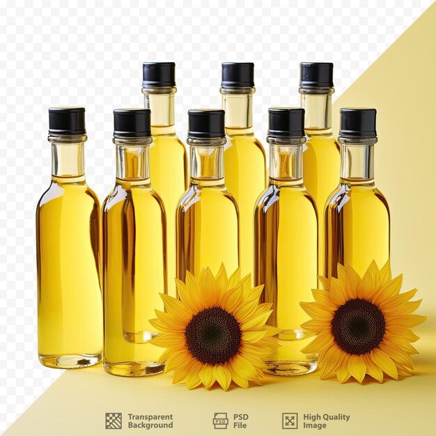 PSD una imagen de botellas de aceite de oliva y girasoles.