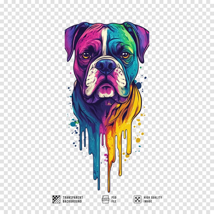 PSD imagen de una cabeza de perro bulldog americano rodeada de gotas coloridas con fondo transparente