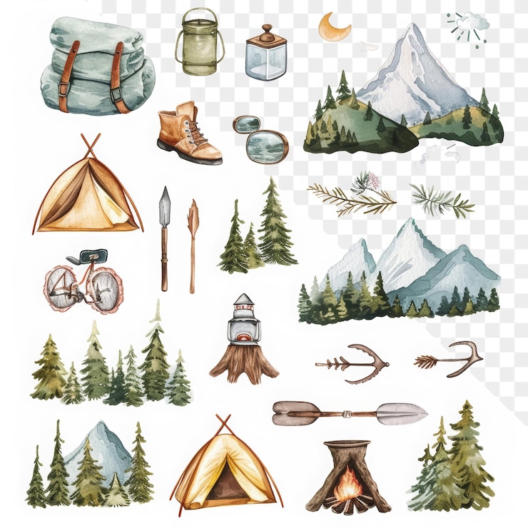 PSD una imagen de un campamento con una montaña y árboles
