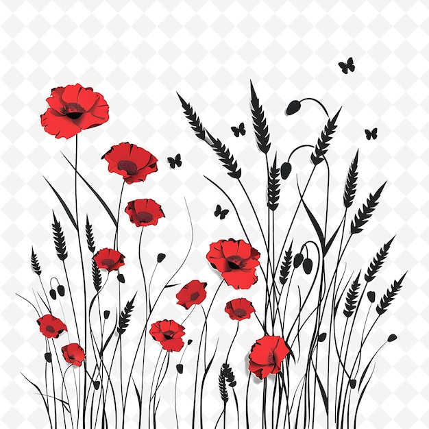 PSD una imagen de un campo de flores rojas con mariposas en él