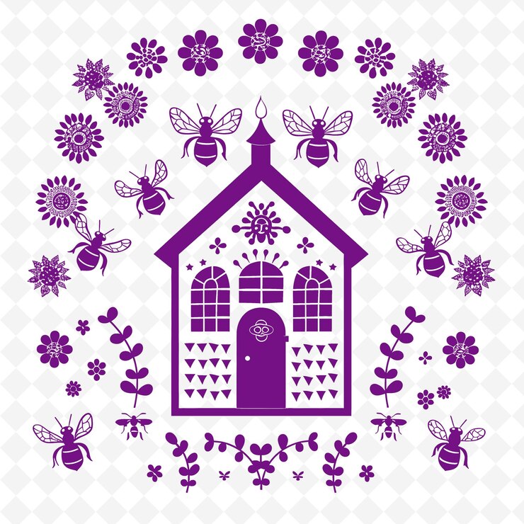 PSD una imagen de una casa con abejas y flores en un fondo blanco