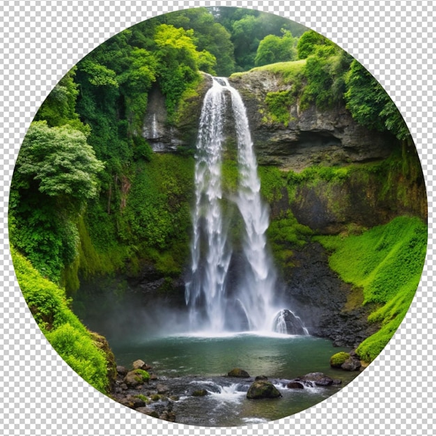 una imagen de una cascada con un círculo de agua y un fondo verde