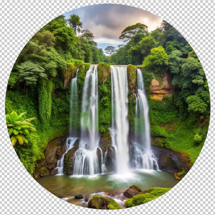 PSD una imagen de una cascada con un círculo de agua y una imagen de unha cascada