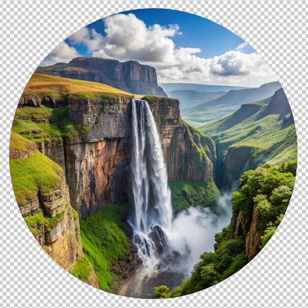 una imagen de una cascada con un círculo redondo con un círcolo redondo en él