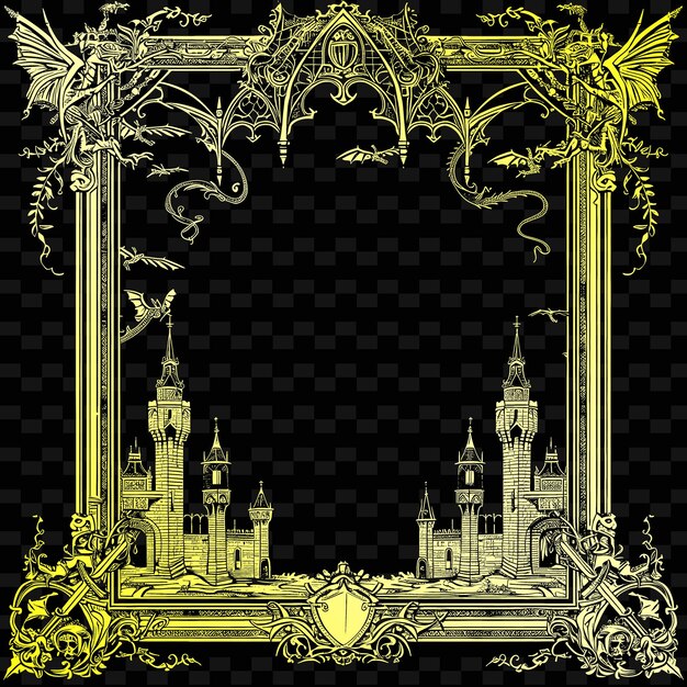 PSD una imagen de un castillo con un marco de oro y un fondo negro