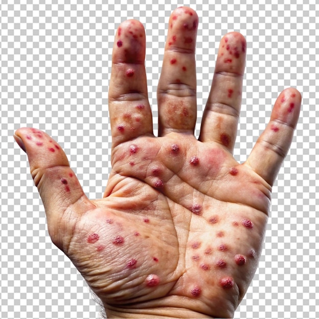 imagen de cerca de una mano humana infectada sobre un fondo transparente