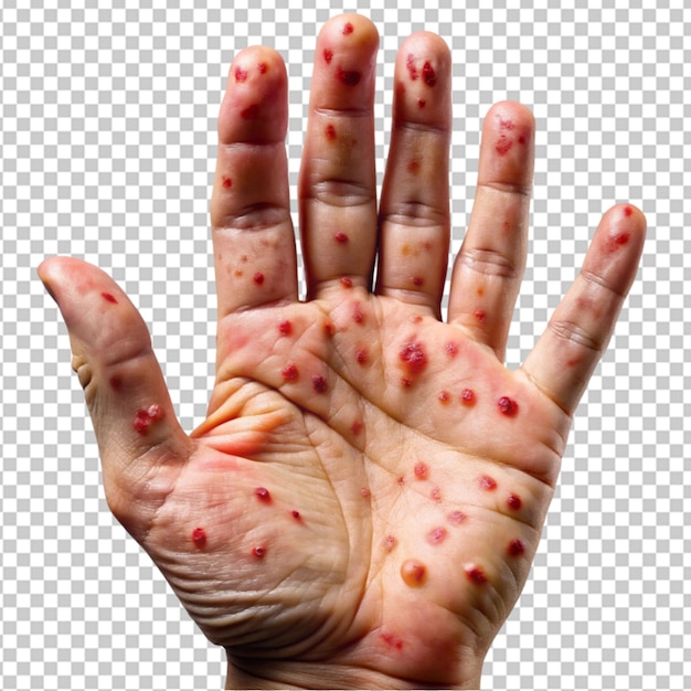 imagen de cerca de una mano humana infectada sobre un fondo transparente
