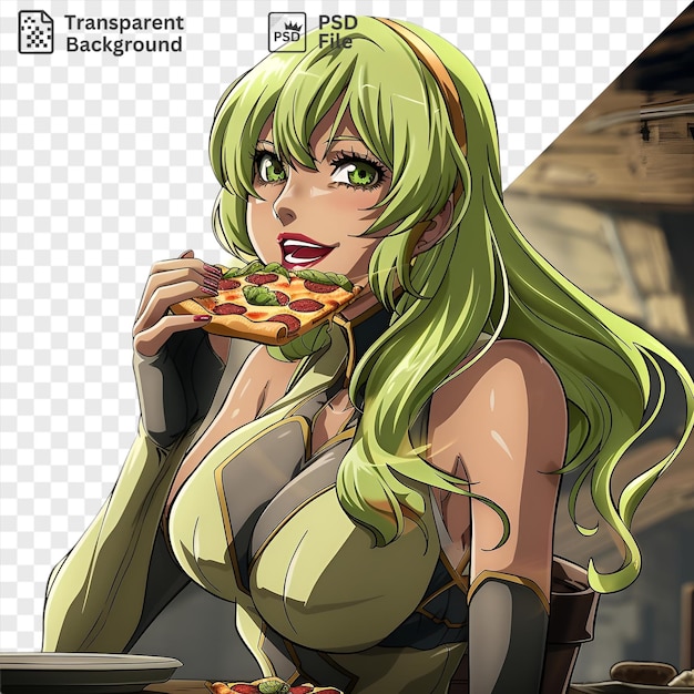 Imagen cgi de una mujer con cabello verde sosteniendo una rebanada de pizza frente a una gran ventana con su mano visible en primer plano