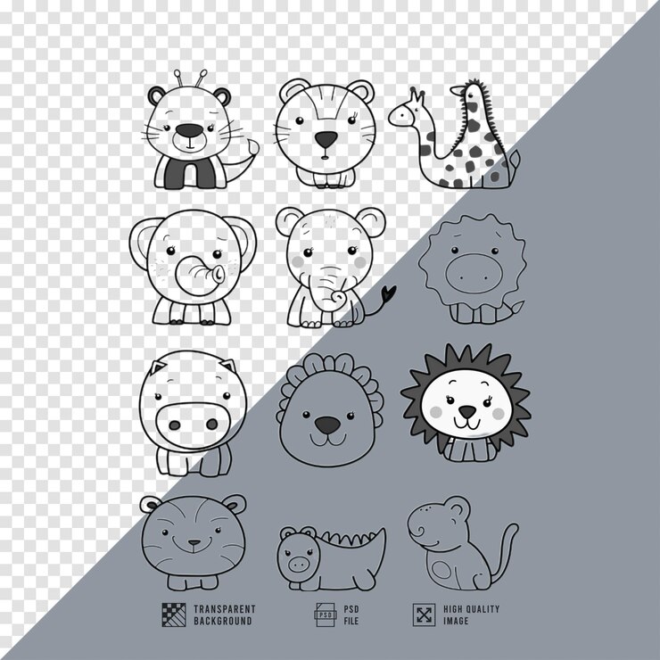 PSD imagen de una colección de animales para colorear sin fondo en calidad hd