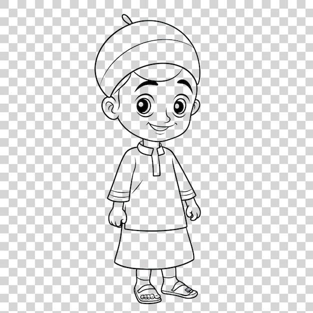 Imagen para colorear de un niño con ropa musulmana aislado en un fondo transparente PNG
