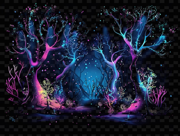 Una imagen colorida de un árbol con luces púrpuras y azules