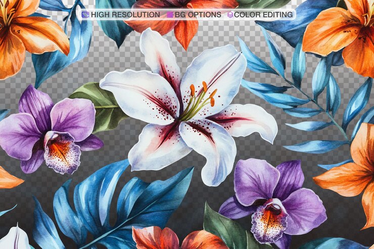 PSD una imagen colorida de flores y hojas en un fondo negro