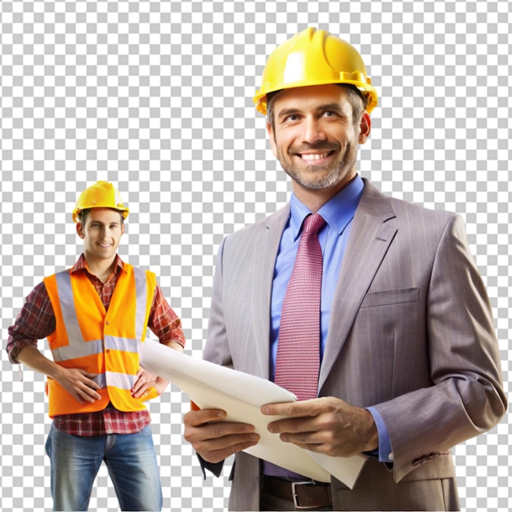 PSD imagen compuesta de arquitecto feliz celebración blueprint en casa